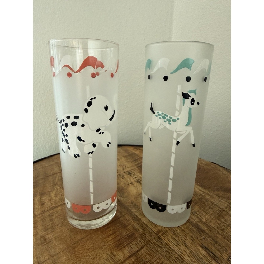 VTG '50s Libbey Elephant & Deer Carousel Tom Collins Frosted Glasses 7"